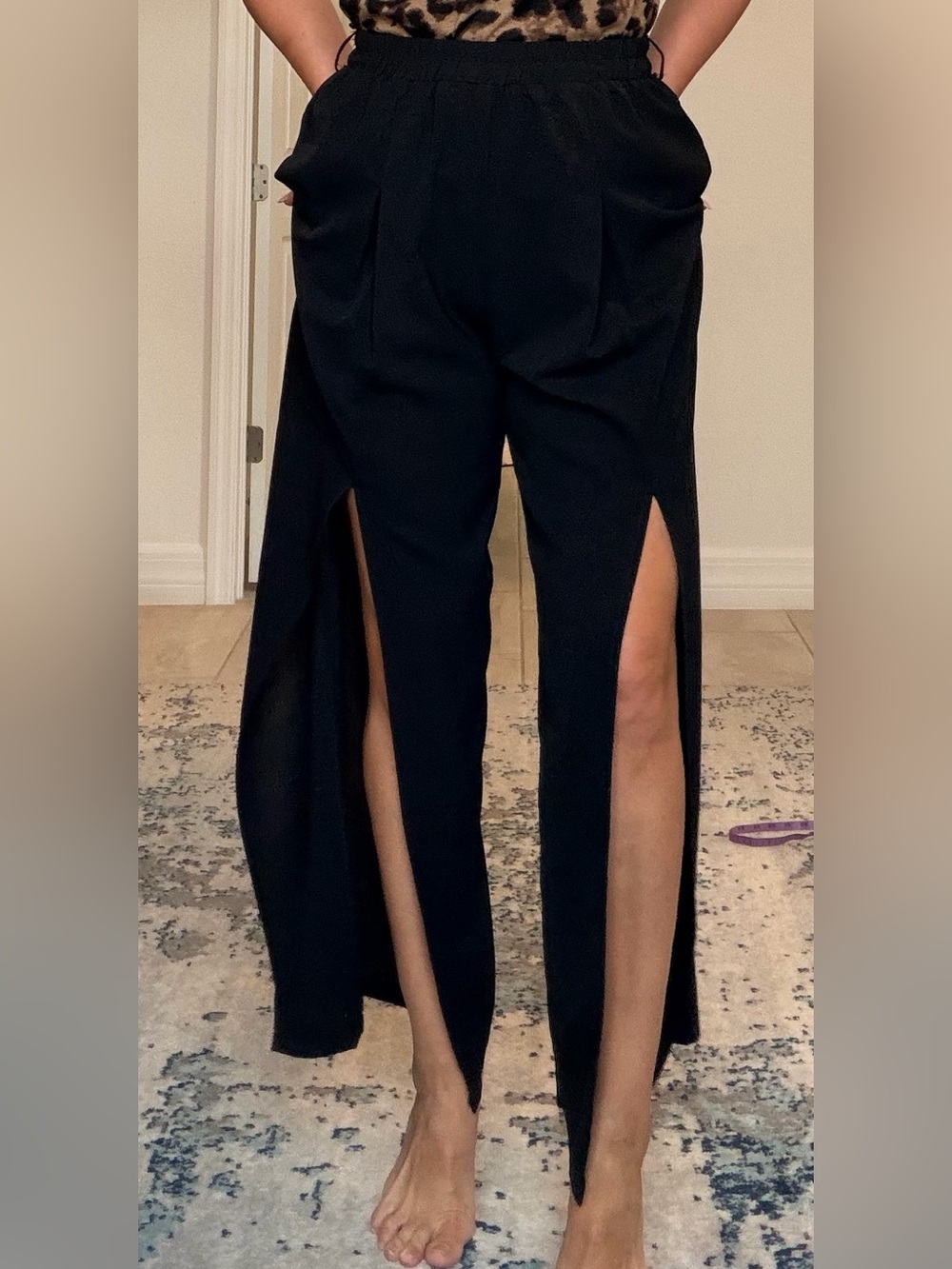 Lioness Black Wide-Leg High-Slit Pants